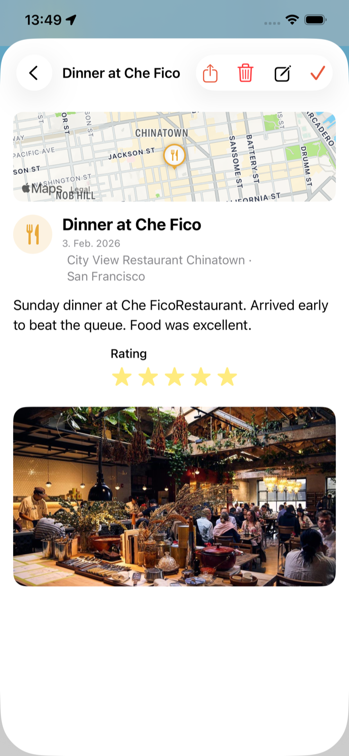Remember app entry detail for Dinner at Che Fico with map, text, 5 stars and restaurant photo