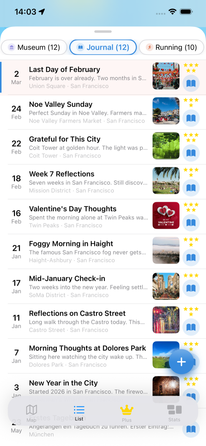 Remember app journal list with entry photos, star ratings and San Francisco locations