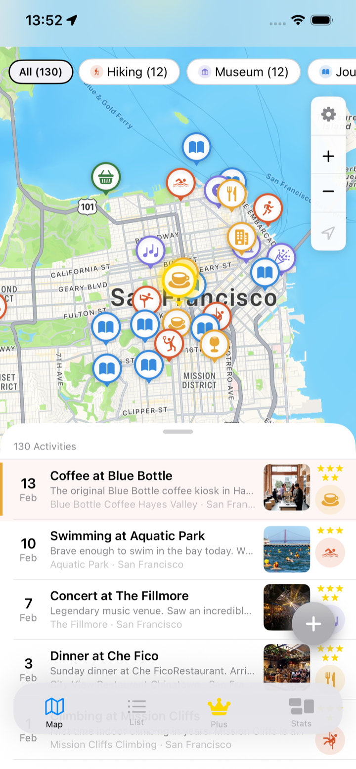 Remember app map of San Francisco showing pins for journals, restaurants, running and more
